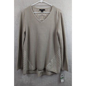 Style & Co sz L Tunic Sweater khaki & cream long sleeves 0709